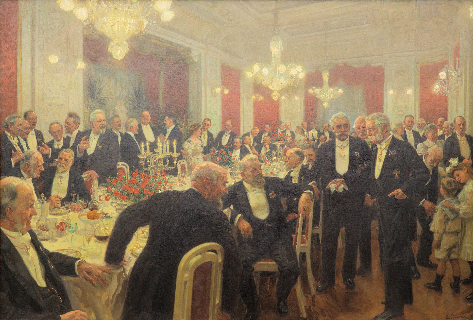 "Man rejser sig fra bordet" - Gruppeportræt malet af kunstneren Laurits Tuxen i 1906. Maleriet viser et stort aftenselskab med adskillige af samtidens store profiler. På stolen midtfor ses selveste Holger Petersen.